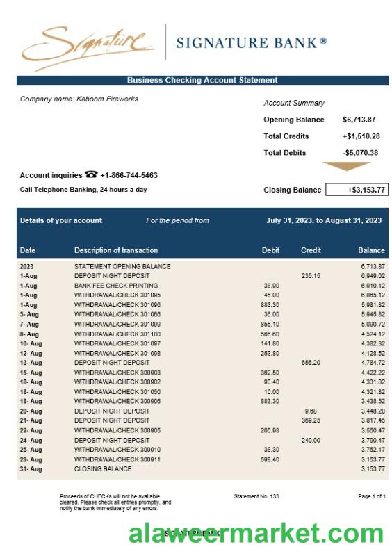 Signature Bank enterprise statement Word and PDF template